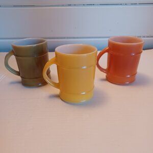3 Anchor Hocking Fire King Ranger Barrel Coffee Mugs Orange Yellow Green